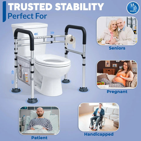 Premium Toilet Safety Rails For Aging Adults And Rehab Users Offers No Sweat Setup With Traction Handholds and Beefy Steel Tubing.