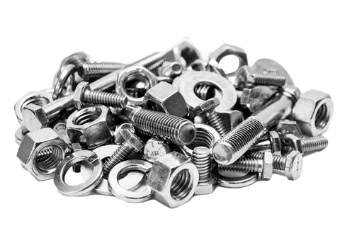 Pile of Grade 8.8 fasteners including hex head cap screws, washers, and nuts from All In One Metric Bolt Bin Kit With Grade 8.8 Fasteners And Hex Head Cap Screws In M6 M8 M10 M12 M16 Plus Flat And Lock Washers In A 40 Hole Bin Storage Case.