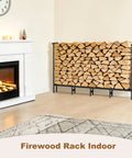 Outdoor Firewood Rack With Weatherproof Cover Heavy Duty Metal Wood Storage Stand next to a lit fireplace indoors.