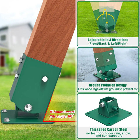 A Frame Swing Set Brackets Kit With Four Adjustable Base Brackets For Uneven Ground Heavy Duty Swingset Hardware For 4x4 Legs And 4x6 Beam DIY End Bracket System In Green