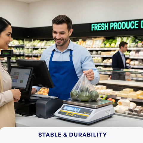 Man using Digital Food Scale For Commercial Kitchens With Pro Grade Rechargeable Battery, NTEP Class III Legal For Trade, Large Stainless Steel Platform in store