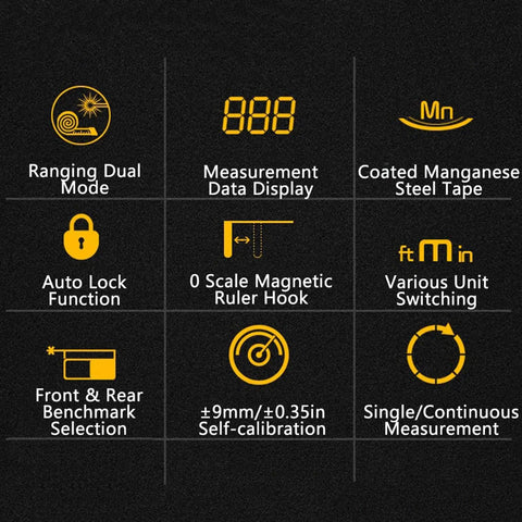 Pro Grade Digital Laser Tape Measure Workhorse 60 Meter 197 Ft Range features measurement data display and auto lock function.