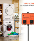 Washing Machine Surge Protector With Time Delay Keeps Your Gear Safe From Power Drama Brownouts Spikes Surges And All Voltage Fluctuations For Home Appliances Orange Finish installed next to washer and dryer.