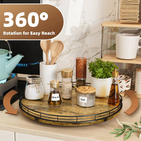 Slick Sixteen Inch Round Wooden Lazy Susan Turntable Organizer with condiments and spices on a kitchen countertop.
