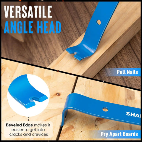 Close-up of Three Piece Mini Flat Pry Bar Set with beveled edge for home remodeling, woodworking, use on wooden board.