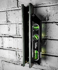 Lufkin Aluminum Billet Level With Large Main Vial, full aluminum body, shown on brick wall with magnets for strong hold