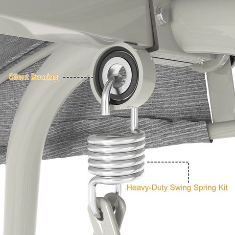 Close-up of heavy-duty swing spring kit and silent bearing on Oversized Outdoor Porch Swing Bed With Stand And Canopy Rain Cover Heavy Duty 3 Seat Bench Swing For Patio Extra Large Sofa Lounger Built For Four People To Kick Back.