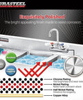 Wall Mount Commercial Hand Sink Faucet With 4 Inch Center, 3-1/2 Gooseneck Spout Rotates 360 Degrees diagram displaying corrosion resistance features.
