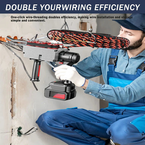 Fully Automatic Electric Cable Threading Machine With 25000 Mah Battery No Sweat Hidden Wall Conduit Fishing Tool For Contractors in use by electrician.