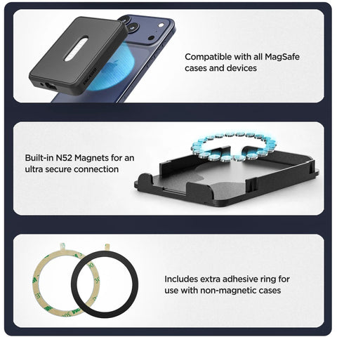 Magnetic Case For Samsung T7 Portable SSD Keeps Your Drive Snug On Set With 1TB 2TB 4TB Fits High Speed 10Gbps Data Cable MagSafe Ready Black, shown with MagSafe compatibility, N52 magnets, and adhesive rings.