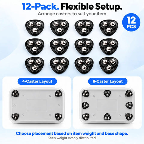 12 Piece Self Adhesive Appliance Sliders Smooth As Butter Casters layout options displayed on a light background.