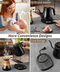 Gooseneck Electric Kettle 1L with Six Temperature Presets, 1200W fast heating, cordless design, auto shut-off, matte black finish.