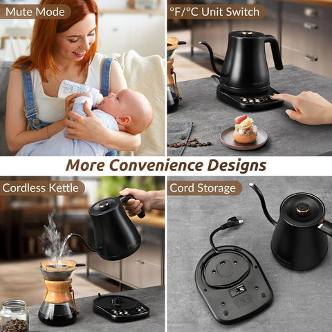 Gooseneck Electric Kettle 1L with Six Temperature Presets, 1200W fast heating, cordless design, auto shut-off, matte black finish.