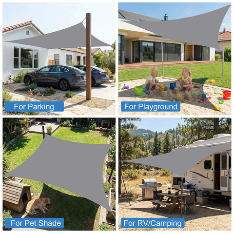 10x16 Outdoor Shade Sail Rectangle Waterproof UV Block Sun Shade For Backyard Deck Patio Garden And Outdoor Activities In Light Grey 280 GSM Polyester Delivers 98% UV Block And 90% Shade installed for parking, playground, pet shade, and RV camping.