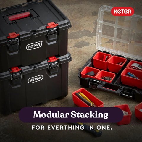 Stack N Roll Modular Tools Organizer System For Garage Storage And DIY, Three Piece Resin Rolling Toolbox Set, durable black
