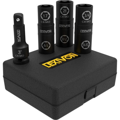 Impact Socket Set With Flip Side Duo End Design For Lug Nuts Six Sizes Including 17mm 19mm 21mm Three Quarter Inch Thirteen Sixteenths Inch Seven Eighths Inch And Three Inch Extension Bar Chromoly Steel Heavy Duty displayed with case