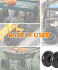 Built Tough Flat Free Tires And Wheels 10 Inch 4.10X3.50-4 Pair Ready To Roll With 5/8 Inch Bore Offset Hubs For Lawn Mowers Garden Wagons And Outdoor Gear mounted on various carts and equipment.