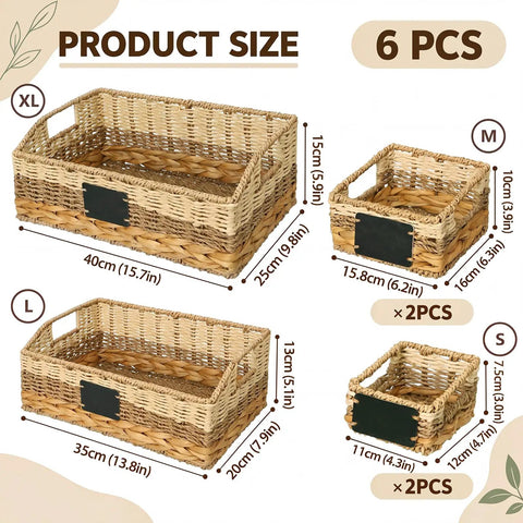 Six Premium Handcrafted Wicker Pantry Baskets And Closet Storage Organizers With Matched Chalkboard Labels For Kitchen Decluttering Straight Up Game Changer Storage Set, showcases sizes XL, L, M, S in natural seagrass.