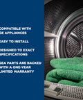 Drum Bearing Kit OEM Replacement Part For GE Dryers, Rear Drum Support next to dryer with green towels, highlighting easy install.