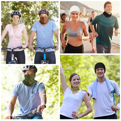 People wearing 6 Pack Summer UV Protection Cooling Neck Gaiter Scarf Face Cover Bandana Moisture Wicking Polyester Neckwear outdoors