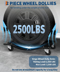 Set Of 4 Badass Car Dollies With 10000 Pounds Capacity And 3.5 Inch Solid Steel Wheels For No Sweat Hauling Cars Trucks And Boats In Rugged Black Finish, showcasing a dolly supporting a wheel, rated 2500 lbs.