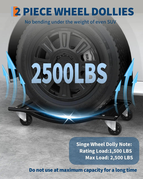 Set Of 4 Badass Car Dollies With 10000 Pounds Capacity And 3.5 Inch Solid Steel Wheels For No Sweat Hauling Cars Trucks And Boats In Rugged Black Finish, showcasing a dolly supporting a wheel, rated 2500 lbs.