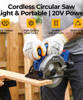 Kickass 20V Cordless Circular Saw With 4 Ah Battery And Charger Producing 4500 Rpm No Load Speed And Quick Bevel Adjustments For Seamless Weekend Warrior Woodworking Builds, being used for cutting wood.