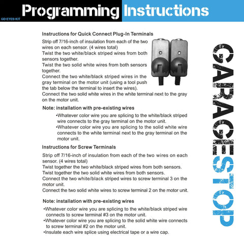 Programming Instructions for Two Pack Safety Sensor Eyes With Brackets Kit For Garage Doors 41A5034 Replacement Beams