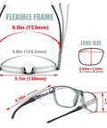 Hella Rugged Z87 Safety Glasses With Side Shields Anti Scratch Fog Resistant Lens dimensions illustration, flexible frame, lens size.