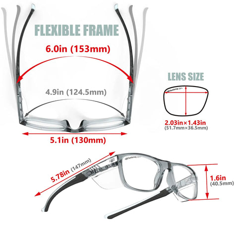 Hella Rugged Z87 Safety Glasses With Side Shields Anti Scratch Fog Resistant Lens dimensions illustration, flexible frame, lens size.