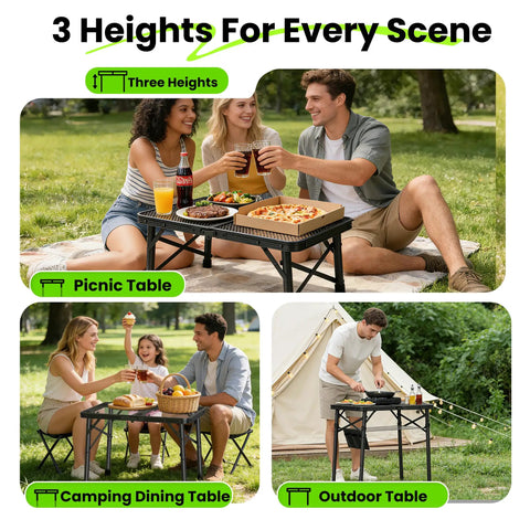 Adjustable Folding Camping Table With Three Height Levels Up To 27 Inches used for picnics, camping, and outdoor dining