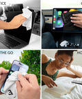 MagicFiber microfiber cleaning cloth wiping a laptop screen in an office.  
MagicFiber microfiber cleaning cloth wiping a car tablet screen.  
MagicFiber microfiber cleaning cloth cleaning a smartphone outdoors.  
MagicFiber microfiber cleaning cloth on a bed beside a reader and device.
