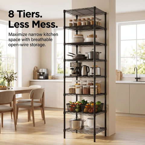 Heavy Duty 8 Tier Wire Shelving 18x18x78.8 Inches Adjustable Metal Storage Rack Built Legit Tough With Thickened Steel Tubes Super Sturdy For Any Home Or Office NSF Certified Black showcasing kitchen storage with pots and food.