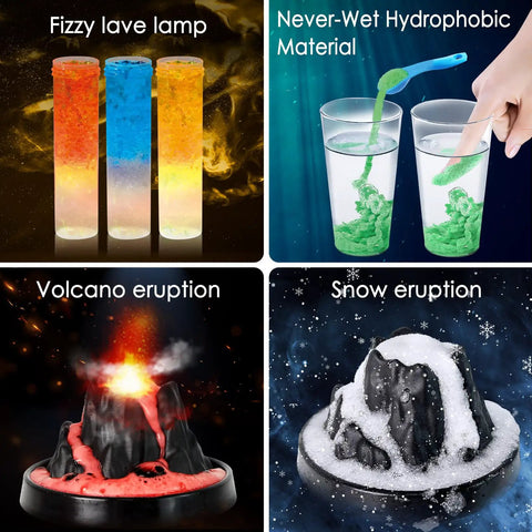 Collage showing 200 Plus Science Experiments Kit For Kids Learn Chemistry Physics Earth Science With Awesome Volcano Projects