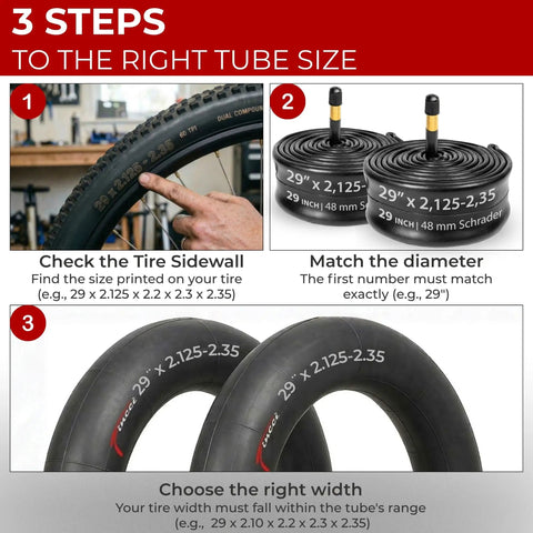 Three steps for choosing bike tube size, Pack Of 2 29 Inch Bike Inner Tubes Fits 29 X 2.125/2.2/2.3/2.35 Tires, 48mm Schrader Valve, Butyl Construction