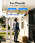 Delivery person near door with 4 Pack 4K 8MP PoE Security Cameras Wired Bullet IP66 Waterproof Outdoor Indoor Surveillance Cams.