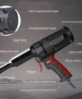 Electric Auto Rivet Gun Featuring Knockout Dual Finger Trigger Control and Badass Heat Dissipation Vents Supporting Four Rivet Sizes Ideal for RV Mods Downpipe Repairs and Construction Telecom Jobs Corded Design Smooth Thumb Power Switch, close-up view of components.