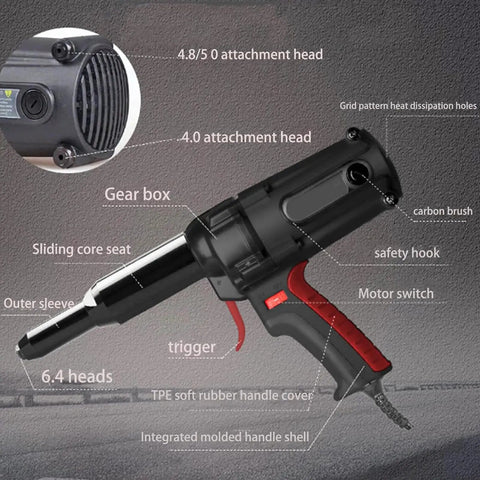 Electric Auto Rivet Gun Featuring Knockout Dual Finger Trigger Control and Badass Heat Dissipation Vents Supporting Four Rivet Sizes Ideal for RV Mods Downpipe Repairs and Construction Telecom Jobs Corded Design Smooth Thumb Power Switch, close-up view of components.
