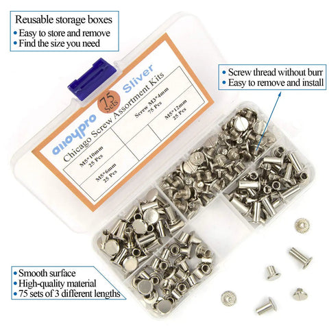 Kickass Chicago Screw Rivet Kit Seventy Five Sets For Leather Crafting And Bookbinding Heavy Duty Silver Metal Binders assortment in storage case.