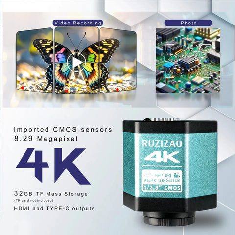 Ultra Clear 4K Digital Microscope With 48MP Camera, Big Stable Base Stand, Type-C And HDMI Output, butterfly and circuit board display