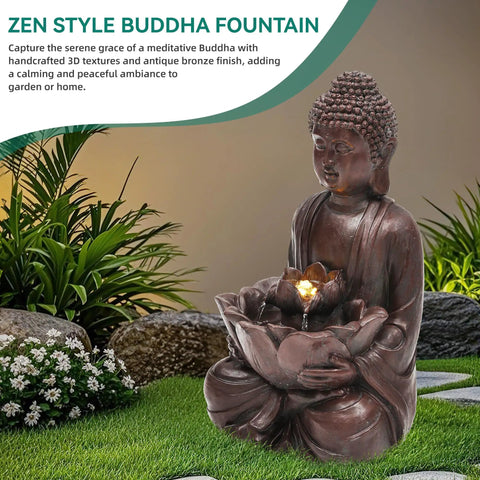 Buddha Outdoor Water Fountain With LED Lights And Pump, Zen Style Garden Waterfall For Patio Or Yard, Faux Bronze Finish