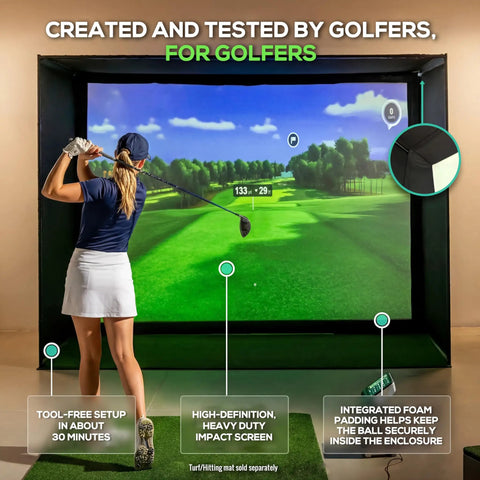 Complete Golf Practice Backdrop Enclosure Gear With Poles Corner Connectors and Impact Screen in use by golfer