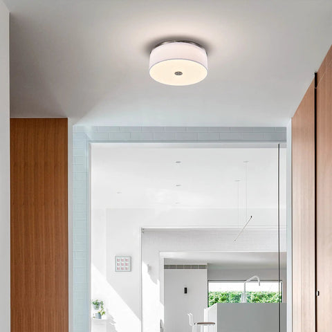 Totally Sleek Modern Flush Mount Ceiling Light With Brushed Nickel Drum Linen Shade 14 Inch LED Fixture in hallway