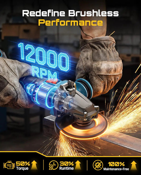Heavy Duty Brushless Flathead Angle Grinder Kit With 21V Lithium Ion Muscle And Dual 5 Ah Packs in action, demonstrating 12000 RPM performance.