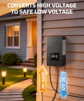 Outdoor Low Voltage Landscape Transformer 200W Easy Plug In Setup Three Independent Outputs Dusk To Dawn Photocell Sensor Countdown Timer With Memory Weatherproof ETL Listed 120V AC To 12V Or 14V For Landscape Lighting mounted on house wall
