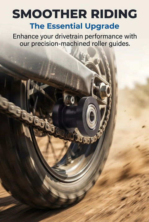 Make Your Ride Feel Sweet By Killing Chain Slack With This 2 Piece Universal Chain Tensioner Pulley Kit For Mini Bikes Pit Bikes ATVs And Dirt Bikes 125cc 140cc 160cc Black, close-up of black nylon pulley on chain.