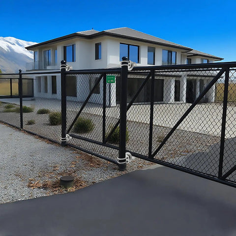 Heavy Duty Mini Cantilever Gate Rollers Built Tough With Durable Cast Steel Track Wheels For 2 3 8 Inch Posts and smooth sliding chain link gate at a modern house.