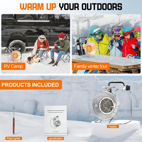 Go-To Outdoor Portable Propane Patio Heater And Cooker 18000 BTU With USB Lighter for camping and outdoor use with product display.
