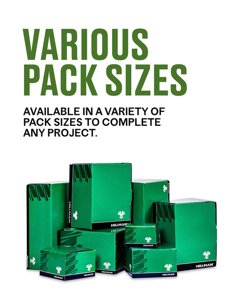 Green boxes labeled 'Hillman' showcasing various pack sizes available for different projects.