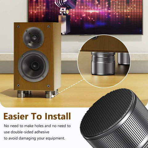 Adjustable Speaker Isolation Feet 4 Pack with Height Adjustable 0.9 to 1.5 Inch shown under a speaker for vibration damping